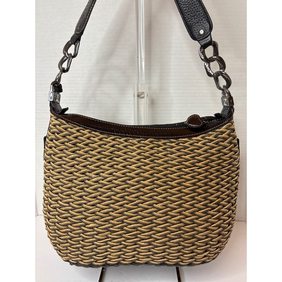 Brighton Woven Straw Hobo Shoulder Bag Brown Croc Leather Trim Silver Chain Trim - Picture 2 of 10